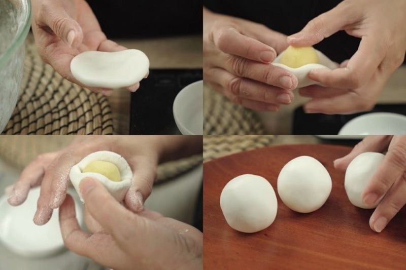 viên nhân được bọc vào vỏ bánh