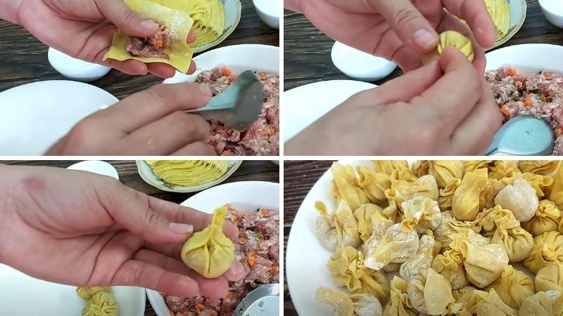 Bạn có thể gói hoành thánh bằng cách túm 4 góc và xoăn lại với nhau