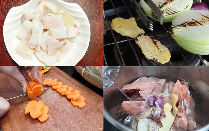 2: Các nguyên liệu như hành, gừng nướng lên sẽ giúp nước dùng thơm, ngọt lịm